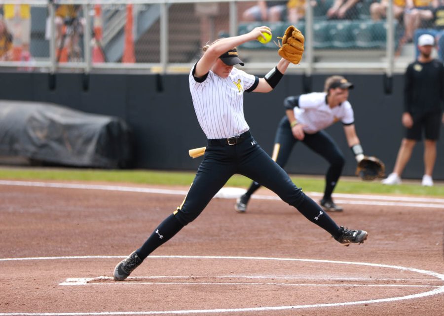 Senior Erin McDonald throws a pitch during WSUs game against UCF on May 8 at Wilkins Stadium.