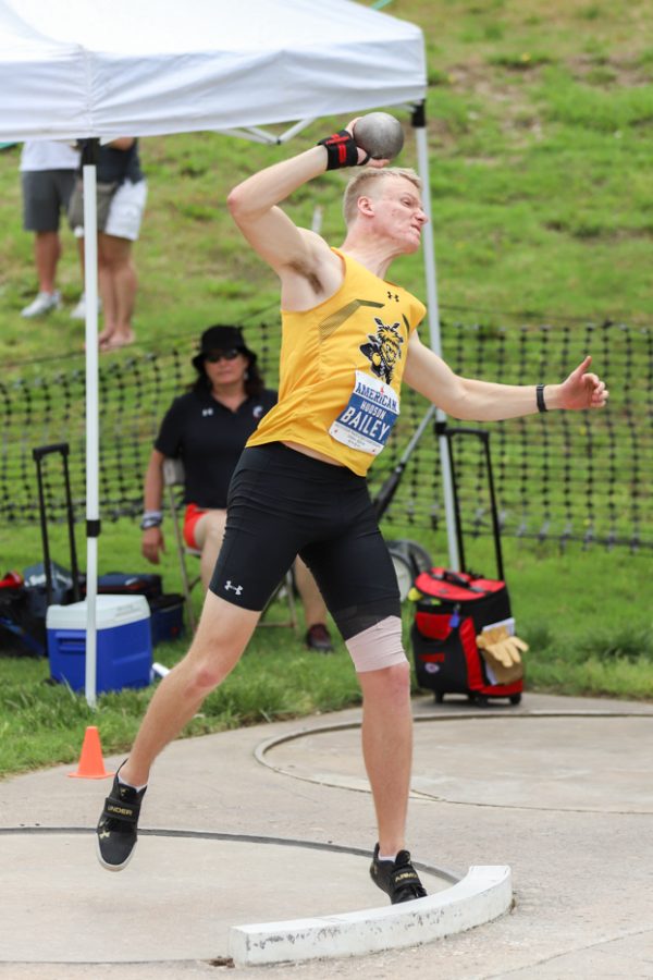 Freshman Hudson Bailey competing in the Mens Shot Put in the AAC Championship. Bailey finished ninth on May 13.
