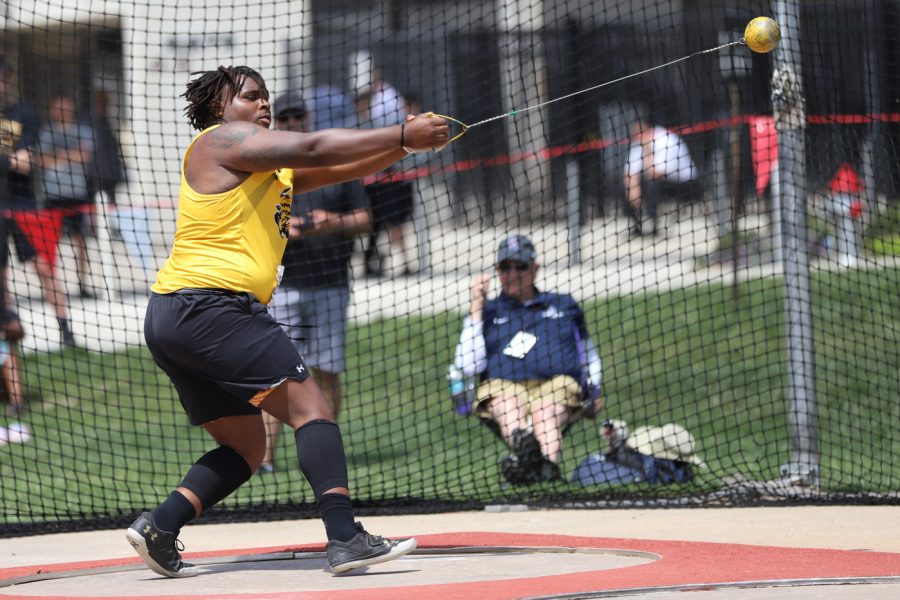 Senior DaeTrell Gordon competing in the mens hammer throw on May 13. Gordon launched a 42.43m throw.