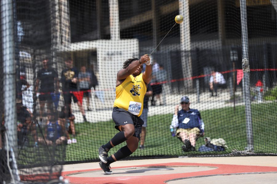 Senior DaeTrell Gordon competing in the mens hammer throw on May 13. Gordon launched a 42.43m throw.