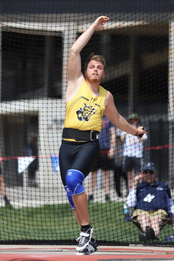 Senior Michael Bryan launches his hammer in the Mens Hammer throw competion of the AAC Championship. Bryan finished first place on May 13 with a 69.22m throw.