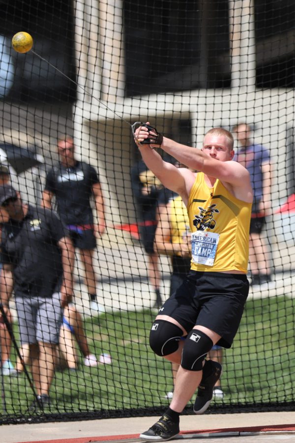 Sophomore Creighton Camp launch a 49.39m hammer throw in the AAC Championship on May 13.
