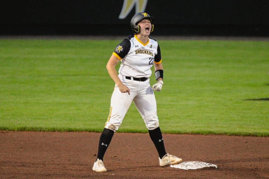 Lainee Brown celebrates after a double during WSUs game against UCF on May 6 at Wilkins Stadium.