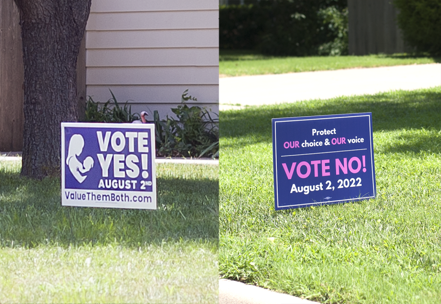 Many pro-choice and pro-life signs can be seen around the Wichita community to try and motivate Kansans to vote on Aug. 2.