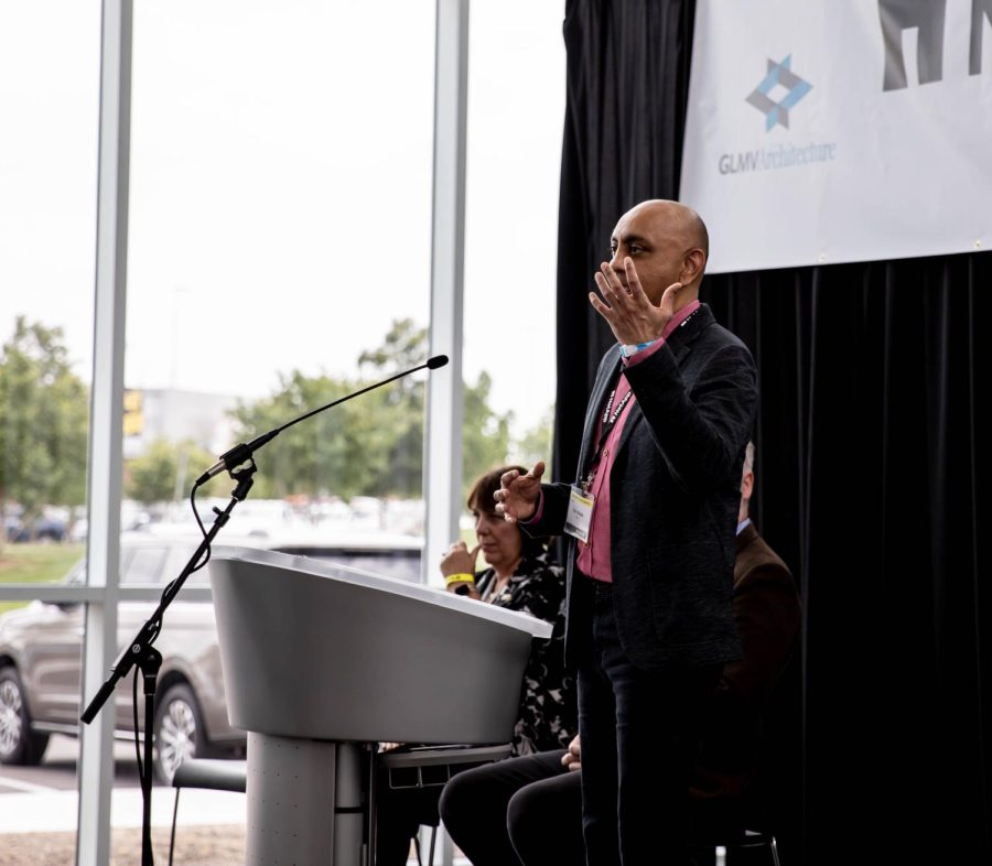 NetApp Executive Vice President and Chief Product Officer Harvinder Bhela gives a speech during the official opening of the NetApp building at Wichita State on June 15, 2022.