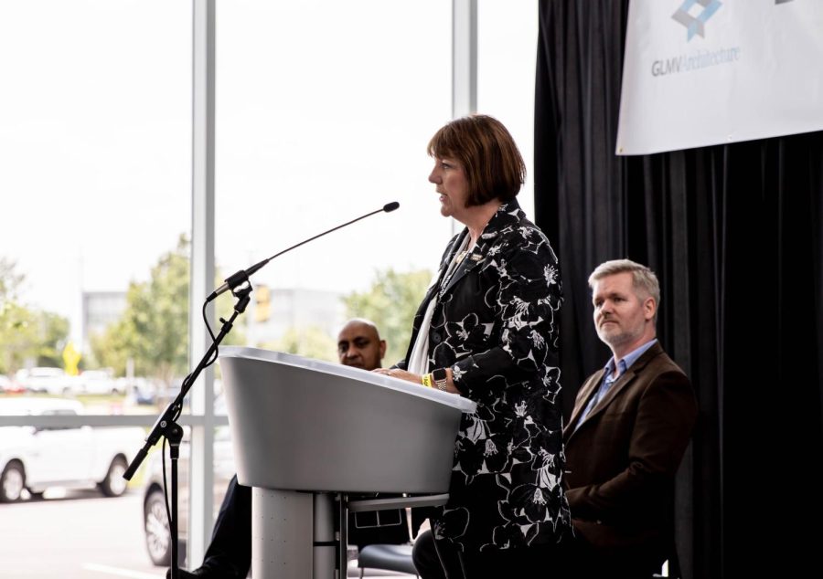 Executive Vice President and Provost Shirley Lefever gives a speech at the official opening of the NetApp building on the Innovation Campus on June 15, 2022.