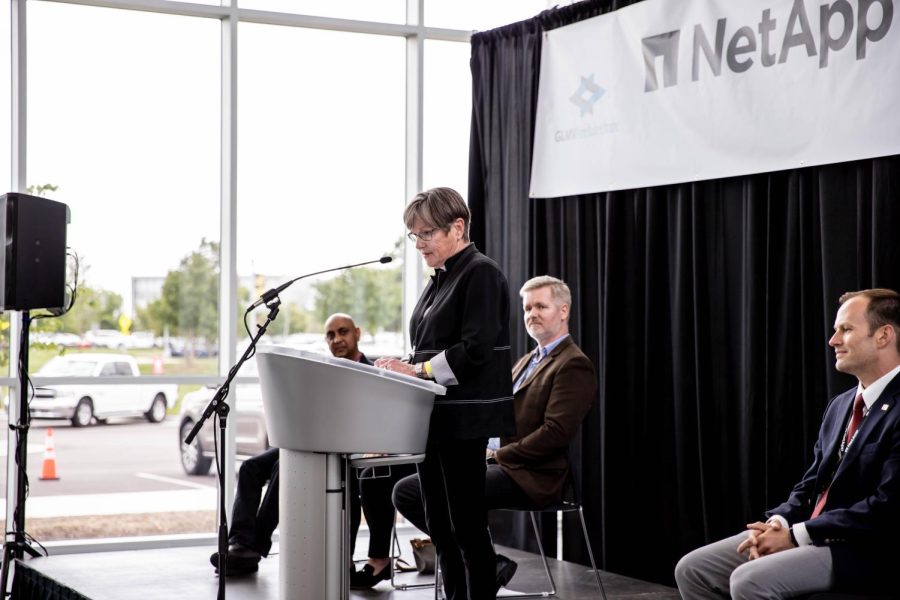 Governor Laura Kelly gives a speech at the NetApp opening on June 15, 2022.