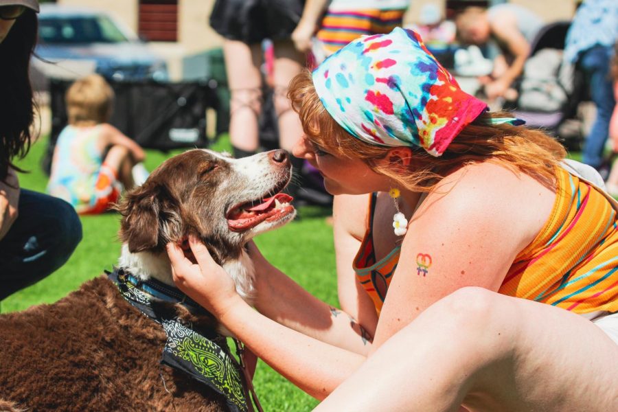 Event goer plays with a dog at the Naftzger park during the Pride Family Picnic celebration on June 25, 2022.