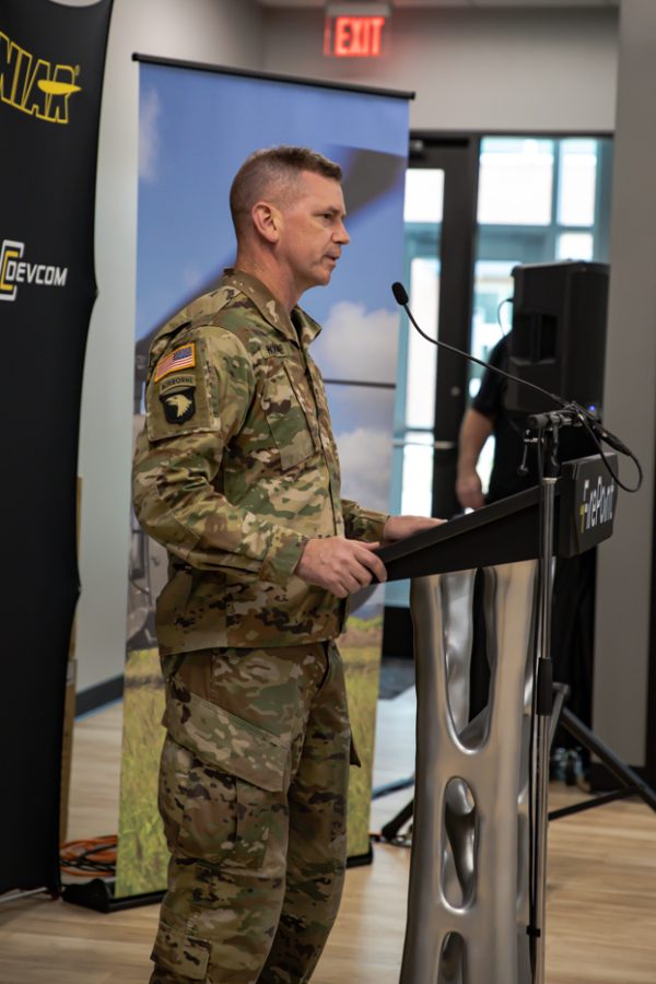 Major General K. Todd Royar speaks at the WSU Army Aviation panel for a new program announcement.