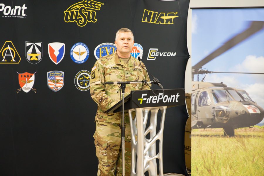 Brigadier General Robert speaks at the WSU Army Aviation panel for the announcement of a new program.