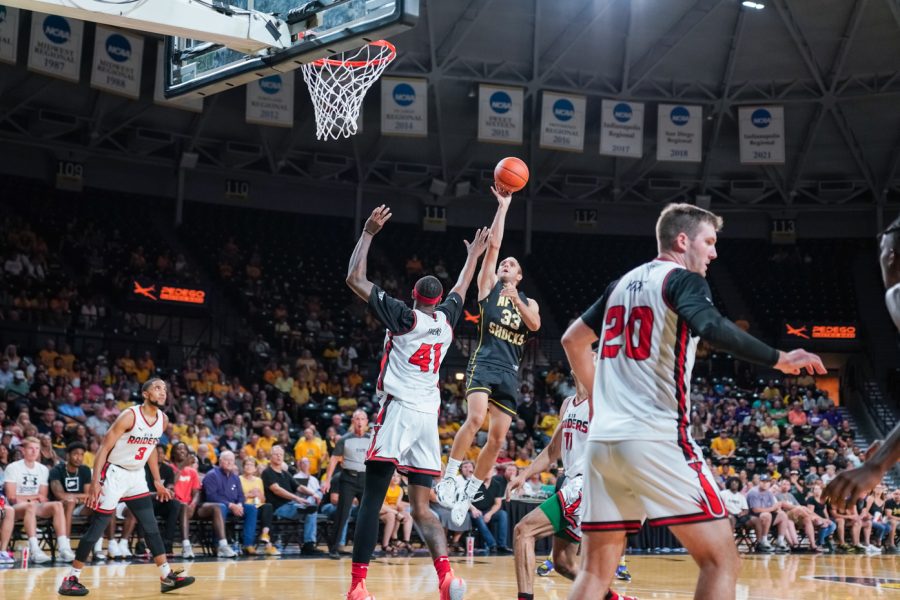 Connor Frankamp goes up for a three-point goal during the game against the Air Raiders in Koch Arena.