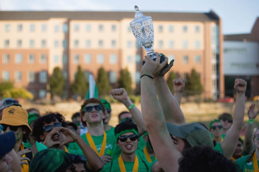 At the 2022 Clash of Colleges, the College of Engineering took first place on Aug. 26 in Cessna Stadium. The college celebrated with silly string as junior Jose Ruiz held the first place trophy.