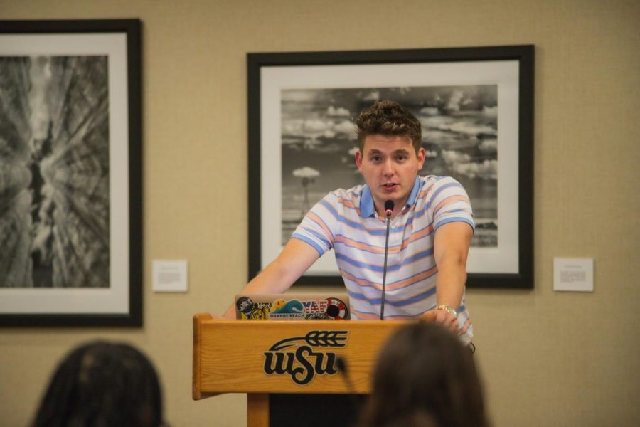 Student Government Association President Mitchell Adamson announces his plans for the fall 2023 semester on Aug. 24 during the third SGA meeting of the 65th session.