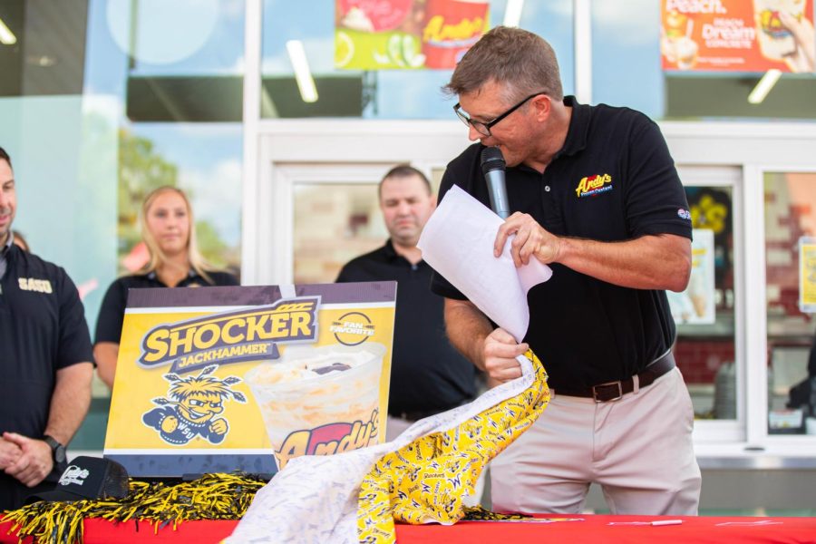Director of Athletics Kevin Saal (not pictured) and Franchise Operations Manager Joey Homm (pictured right) show off the Shocker Jackhammer. Wichita State became the eleventh school to have an Andys Frozen Custard treat named after them. WSU partnered with Andys on Aug. 17, but the Shocker Jackhammer was presented on Aug. 24.  