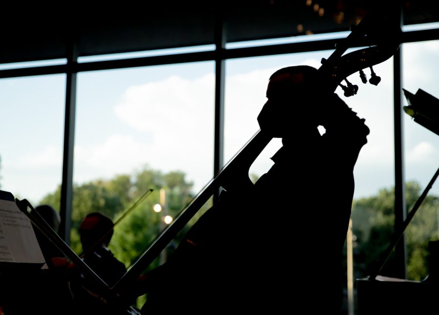 Bassist Landon Bartel plays during the last movement of Khronos. The Nikoyle Noel Chamber Ensemble performed at the Wichita Art Museum on Aug. 26.