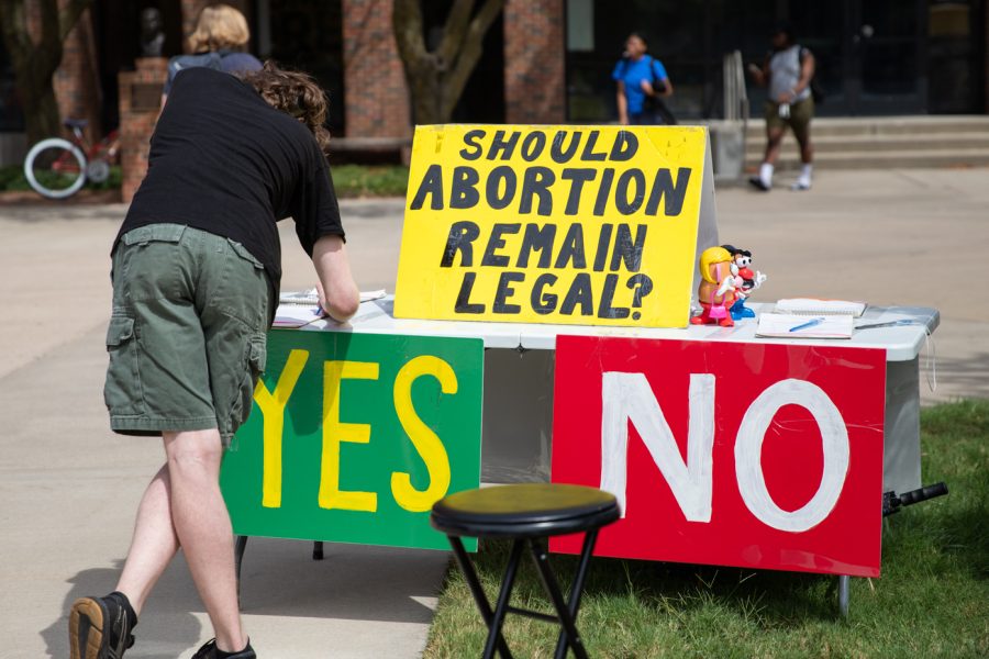 A WSU student signs yes on a sheet asking Should abortion remain legal? A pro-life group organized on the university campus to try and inform WSU students on Aug. 29.