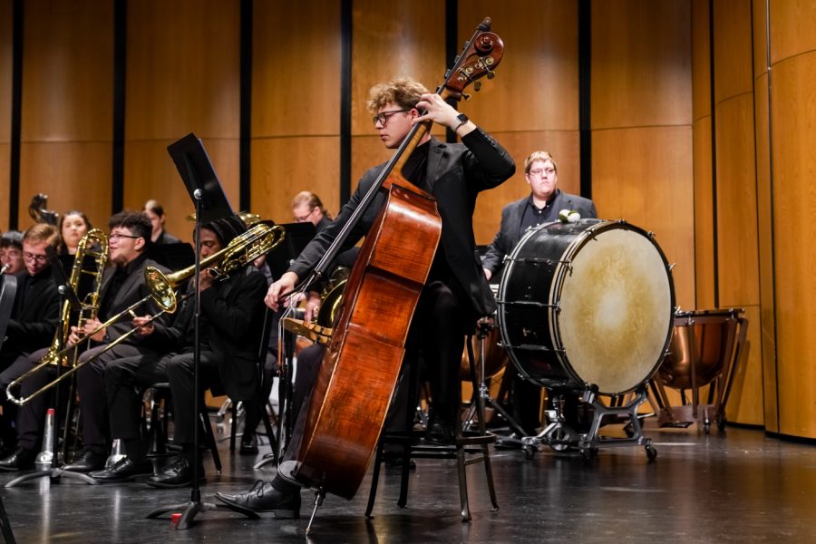 Students from Wichita State School of Music plays Double Bass during WSU Wind Ensemble concert at Miller concert hall on Spet. 15.