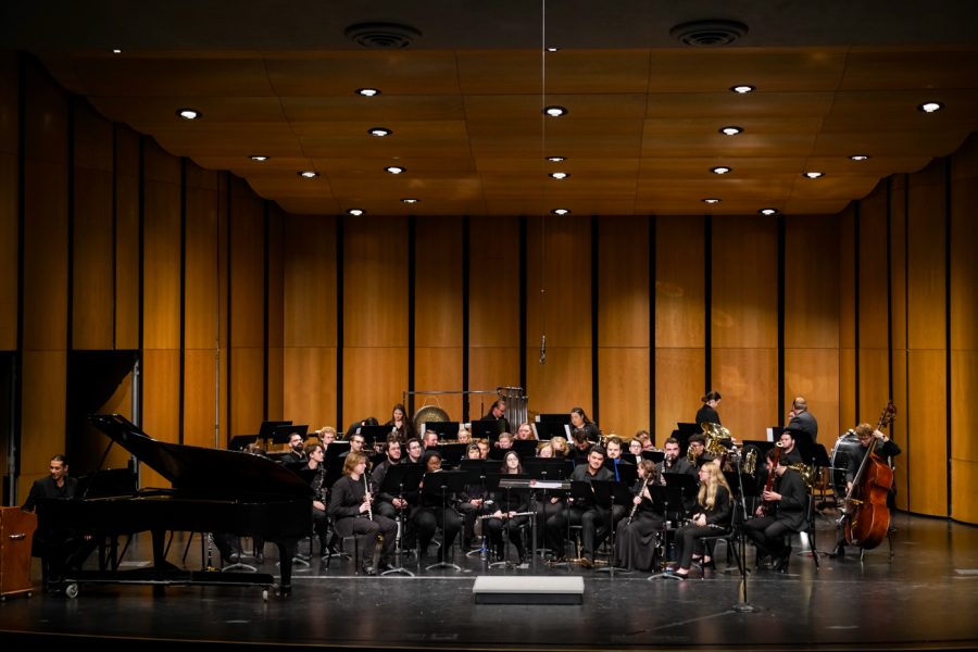 Students from Wichita State School of Music plays music during WSU Wind Ensemble concert at Miller concert hall on Spet. 15.
