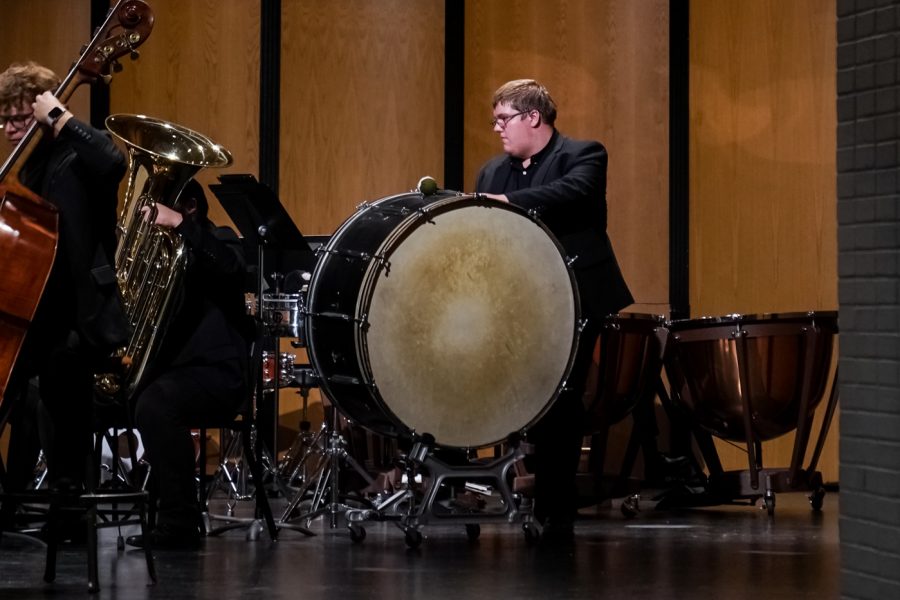 Students from Wichita State School of Music plays Drums during WSU Wind Ensemble concert at Miller concert hall on Spet. 15.
