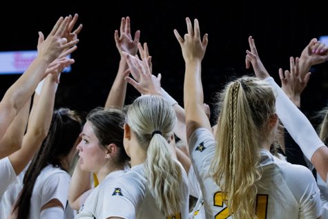 The Shockers celebrate their first home win of the season on Sept. 23 in Charles Koch Arena. The Shockers defeated Temple 3-0.