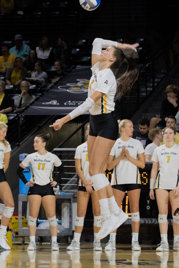Redshirt junior Brylee Kelly serves the ball to Temple on Sept. 23 at Charles Koch Arena. Kelly had nine kills.