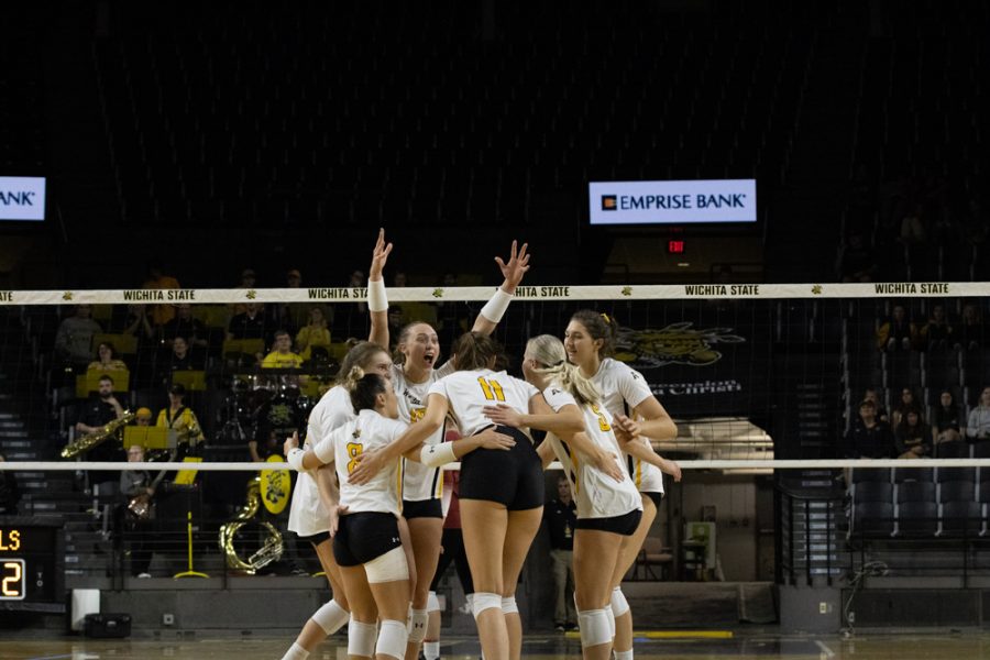 The Shockers celebrate their win against Temple on Sep. 23 in Charles Koch Arena.