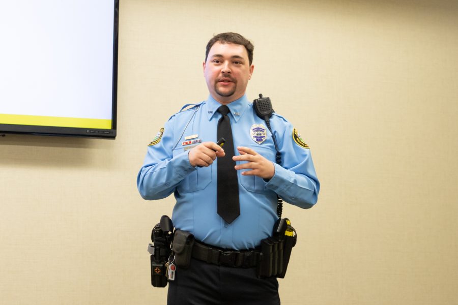 Wichita State patrol officer Matthew Blades gives a speech to fellow officers and others  in attempt to receive a promotion to a sergeant position. Blades had been involved with law enforcement for about four years.