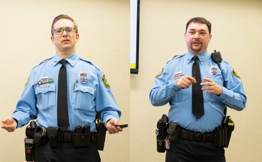 Left: Wichita State patrol and field training officer Kegan Harmes gives a presentation to fellow officers and others in attempt to receive a promotion to a sergeant position. Harmes had been involved with law enforcement for nine years. Right: Wichita State patrol officer Matthew Blades gives a presentation in attempt to receive a promotion to a sergeant position. Blades had been involved with law enforcement for about four years. 