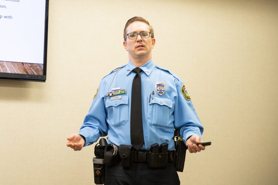 Wichita State patrol and field training officer Kegan Harmes gives a speech to fellow officers and others in attempt to receive a promotion to a sergeant position. Harmes had been involved with law enforcement for nine years.