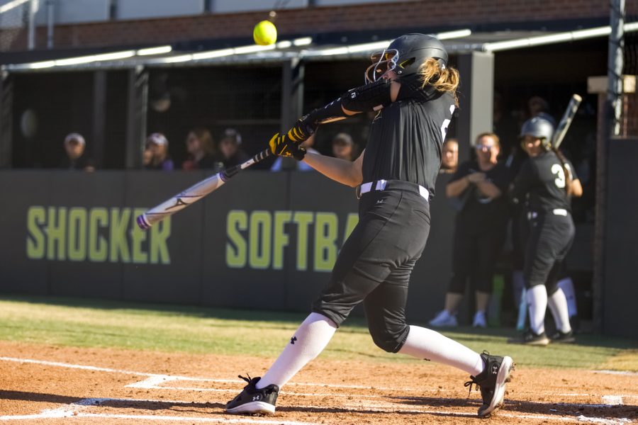 Lauren Lucas takes a swing during WSU’s game against Seminole State on Sept. 27 at Wilkins Stadium.