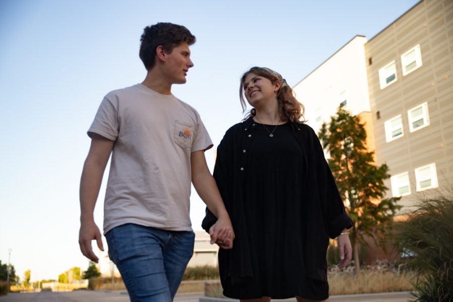 Juniors Denae Sawyer and Zane Berry walk past the Flats and Suits to clear their mind on Sept. 27. Sawyer frequently walks around campus feeling safe due to the officers on campus and the Guardian App.