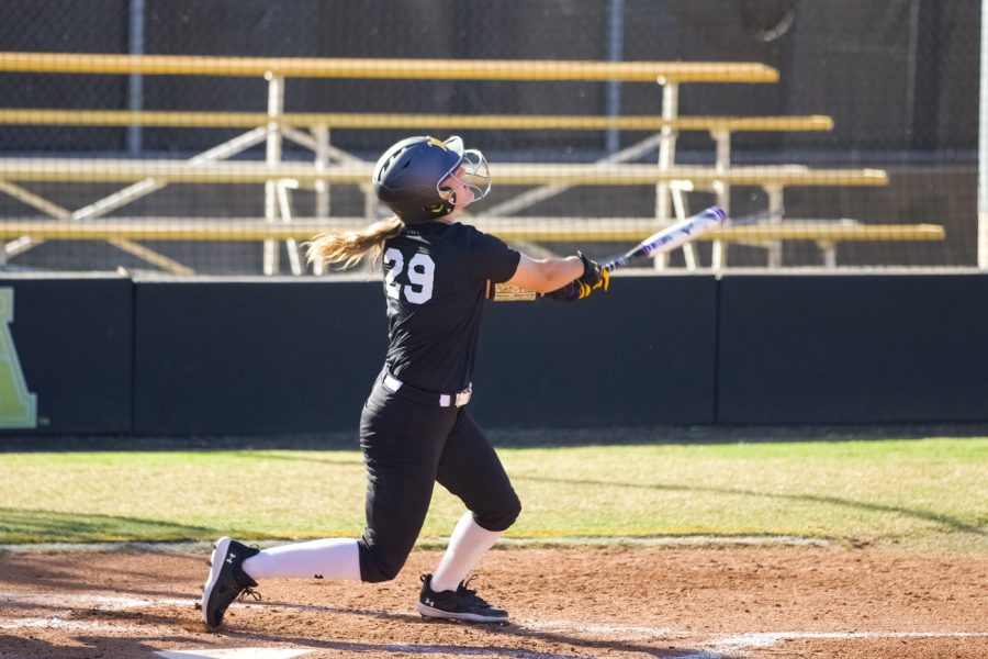 Taylor Sedlacek takes a swing during the game against Seminole State on Sept. 27 at Wilkins Stadium.