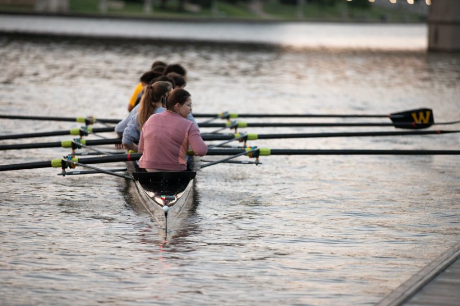 Wichita States rowing team push off the doc to begin their practice on Sep. 13 at River Viesta. The 8+ shell was full of first year rowers, directed by Head Coach Calvin Cupp.