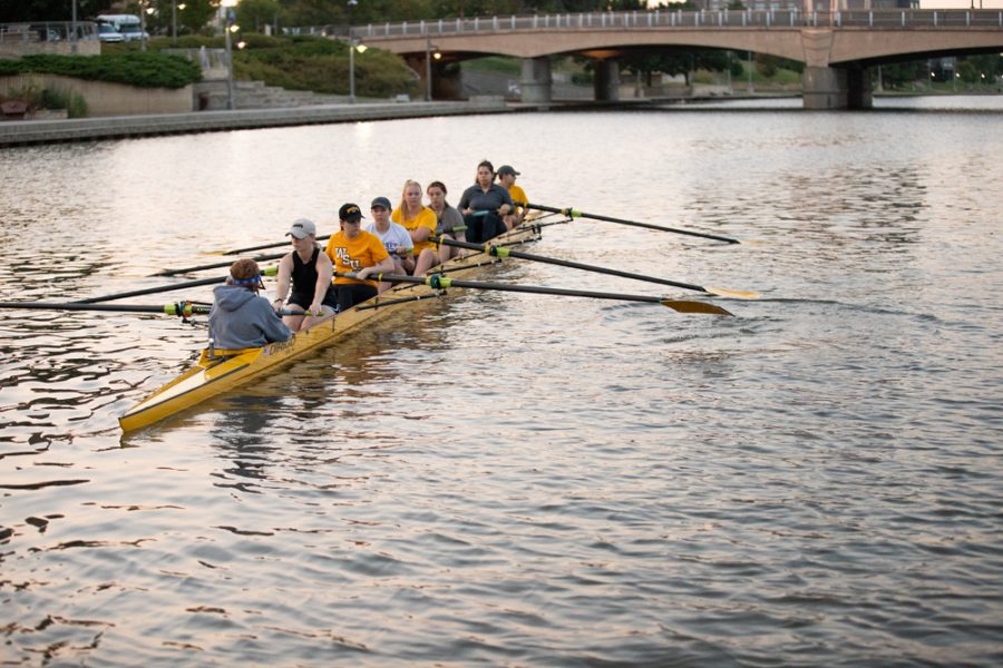 Wichita+States+rowing+team+push+off+the+doc+to+begin+their+practice+on+Sep.+13+at+River+Viesta.+The+8%2B+shell+was+full+of+first+year+rowers%2C+directed+by+Head+Coach+Calvin+Cupp.