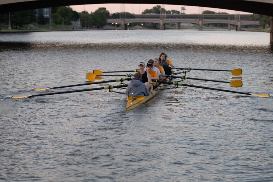 Wichita States rowing team push off the doc to begin their practice on Sep. 13 at River Viesta. The 8+ shell was full of first year rowers, directed by Head Coach Calvin Cupp.