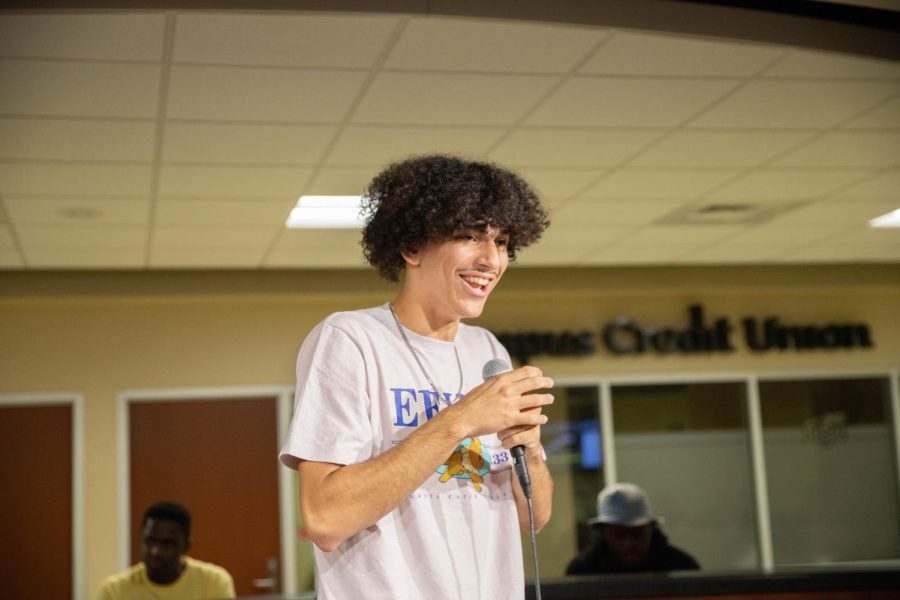 Sophomore Wyatt Bender sings karaoke at the Shocker After Dark. The event was hosted by Student Affairs and SAC at RSC on Sept. 9