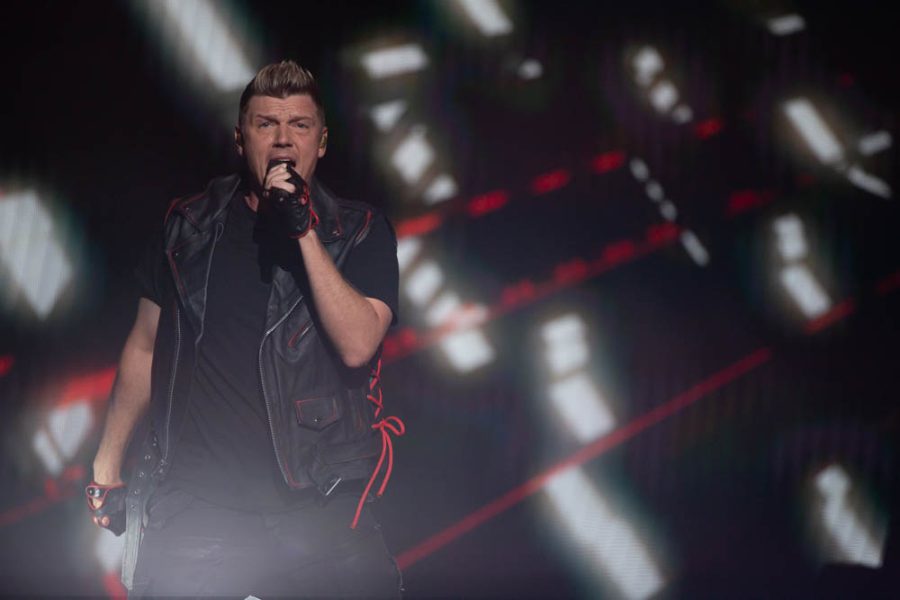 Nick Carter intensley vocalizes with the Backstreet Boys during The Call on Sep. 13 in Intrust Bank Arena.