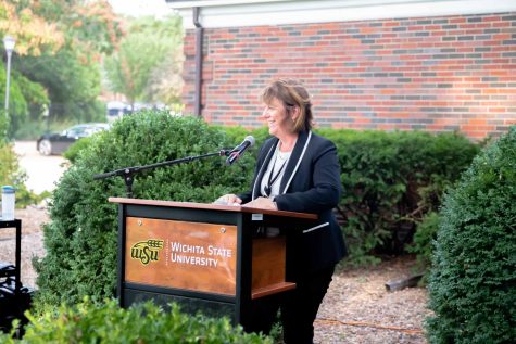 Shirley Lefever, Executive Vice President and Provost, addressed the new Koch Scholars at the presidents house on Sept. 14.