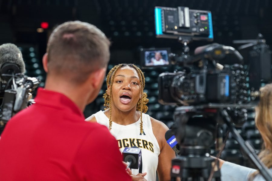 Senior Trajata Colbert gives an interview to media at Charles Koch Arena on Oct. 18.