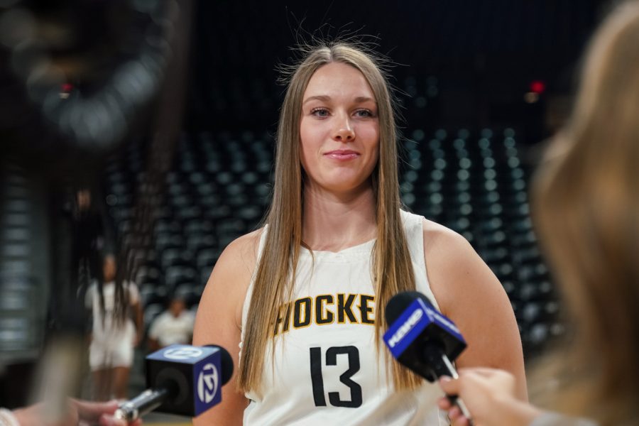 Sophomore Ella Anciaux gives an interview to the media at Charles Koch Arena on Oct. 18.
