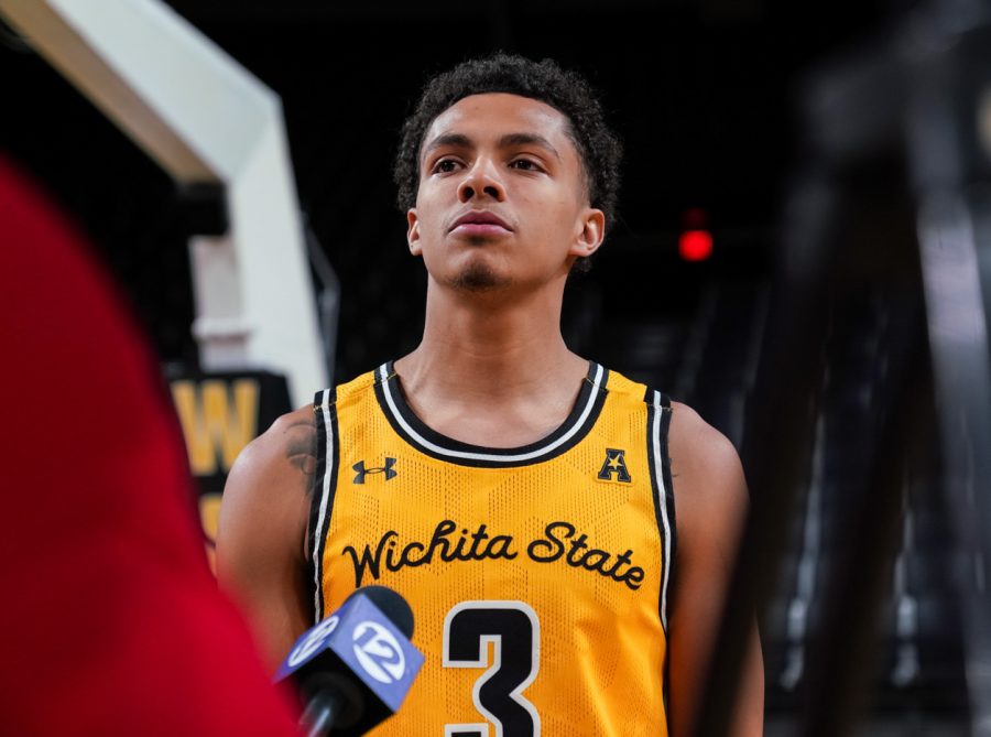 Craig Porter Jr. gives an interview to the media at Charles Koch Arena on Oct. 18, 2022. 