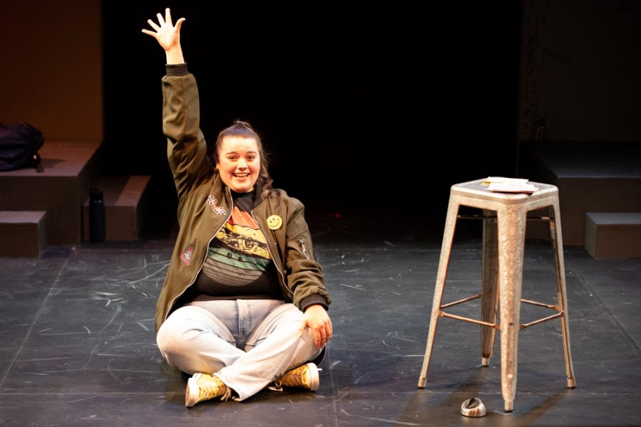 Happy Wright, played by Renae Richmond, asks the audience if they like airplanes on Oct. 8 in Welsbacher Theatre. Wright has an obcession with airplanes because the day she learned about Amelia Earhart, her life changed forever.