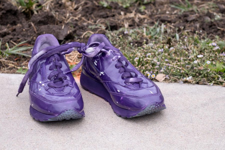 A pair of purple sneakers serve as trail-markers for Purple Mile participants. Various purple sneakers, heels, and other shoes lined the walking path which took attendees around WSU campus before ending in the Rhatigan Student Center.