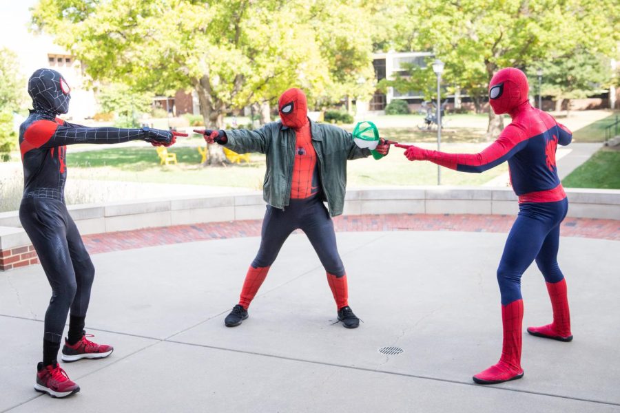 The Spider-Men on campus freeze as they realize the Shocker-verse has been revealed on Oct. 10 outside of the RSC. Sophomore Alejandro Clavier was the first Spider-Man on campus before Devon Robinson and Nicholas Davis were inspired to follow in his footsteps.