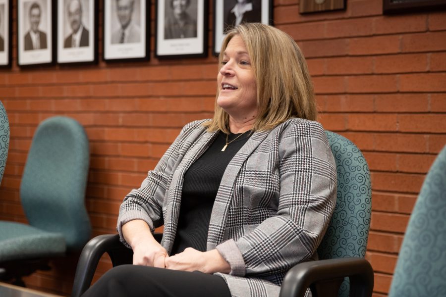 Dean candidate Joan Brewer speaks to students in the College of Applied Studies on Oct. 7. Joan Brewer served as a dean at Emporia State in 2022.