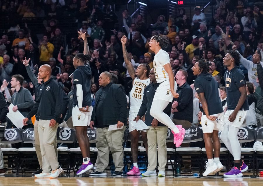 The bnech celebrates a lead for the mens basketball team at Charles Koch Arena on Nov. 29. The Shockers lost 88-84 in overtime to Mizzou. 