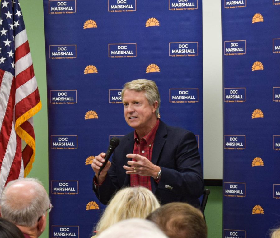 U.S. Kansas senator Roger Marshall talks to Wichita community members at a town hall on Oct. 31. Marshall discussed any issues or questions the audience had for him.