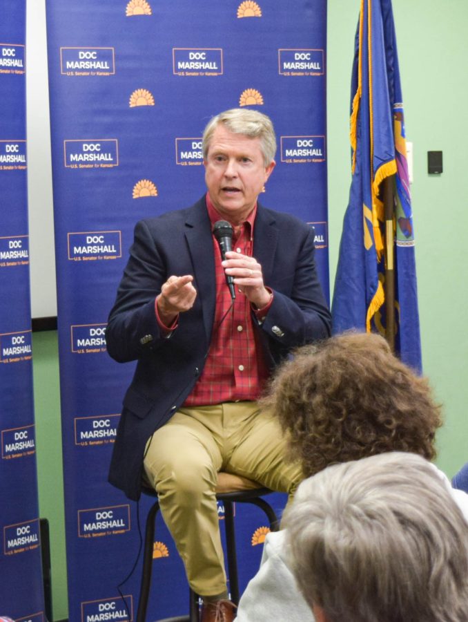 U.S. Senator Roger Marshall talks to Wichita community members at a town hall on Oct. 31. Marshall discussed any issues or questions the audience had for him.