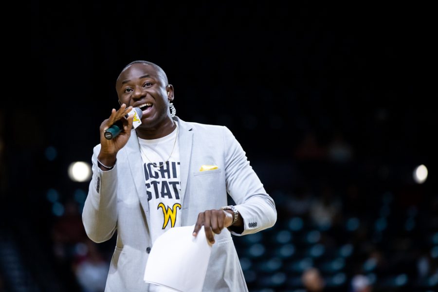 Fayola Calvin Oyato introduces himself to Shocker fans in Charles Koch Arena on Oct. 27. 