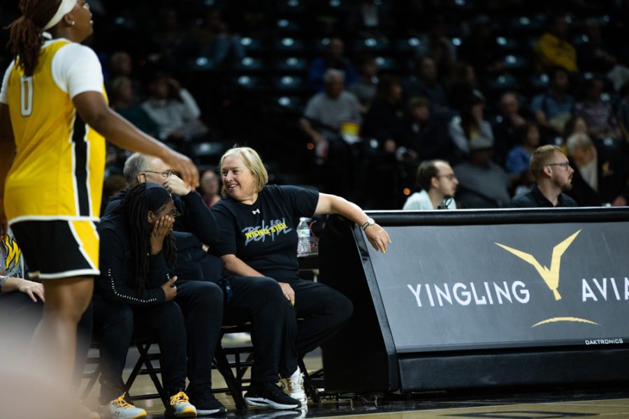 Head Coach Keitha Adams speaks to her team during Shocker Madness on Oct. 27 in Charles Koch Arena.